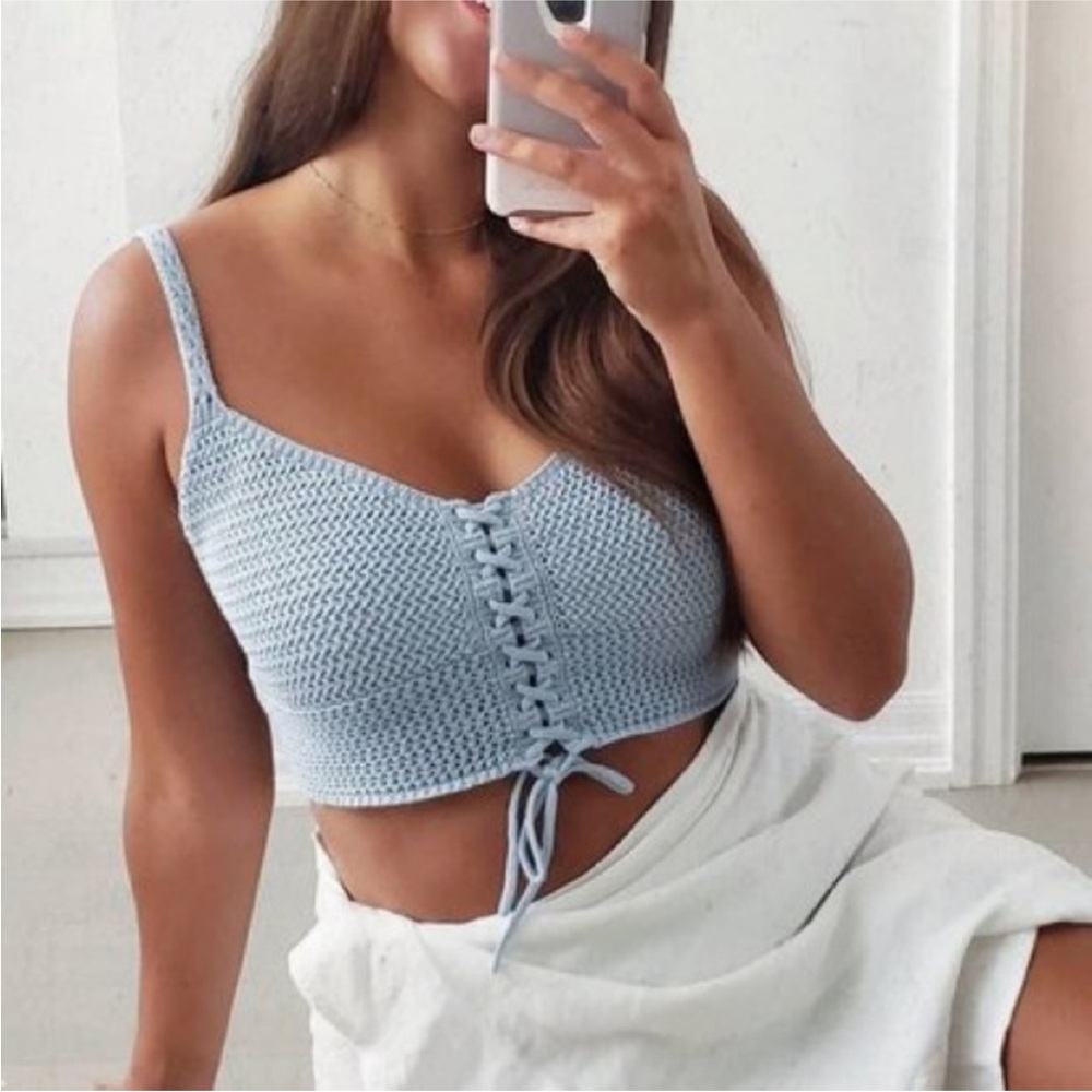 Aritzia Light Blue Crochet Lace-Up Crop Top